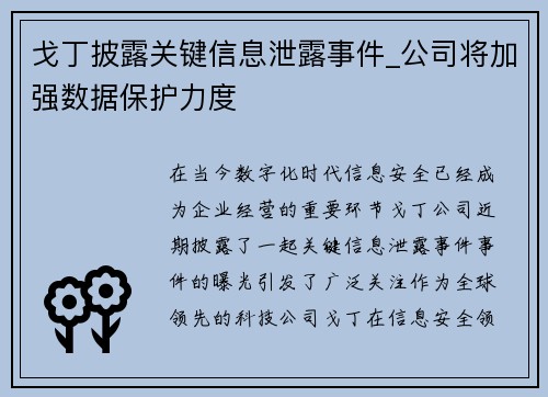 戈丁披露关键信息泄露事件_公司将加强数据保护力度